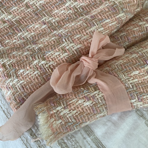 ALBERT NIPON Pink Tweed Ruffle Chiffon Skirt Suit Size 8 - Picture 9 of 14